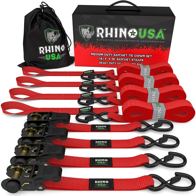 Rhino USA Medium Duty Ratchet Strap Tie-Down 4-Pack (Rot)