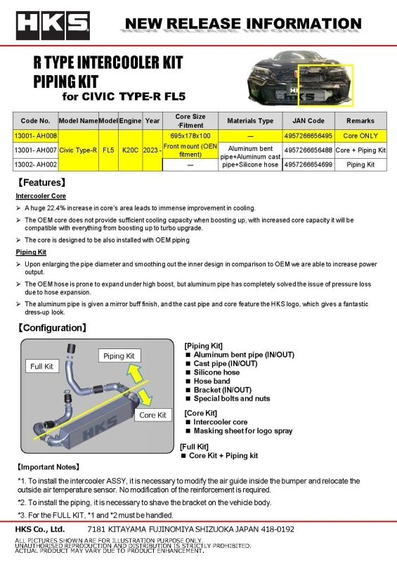 HKS Civic Type R Intercooler Kit FL5 W/O