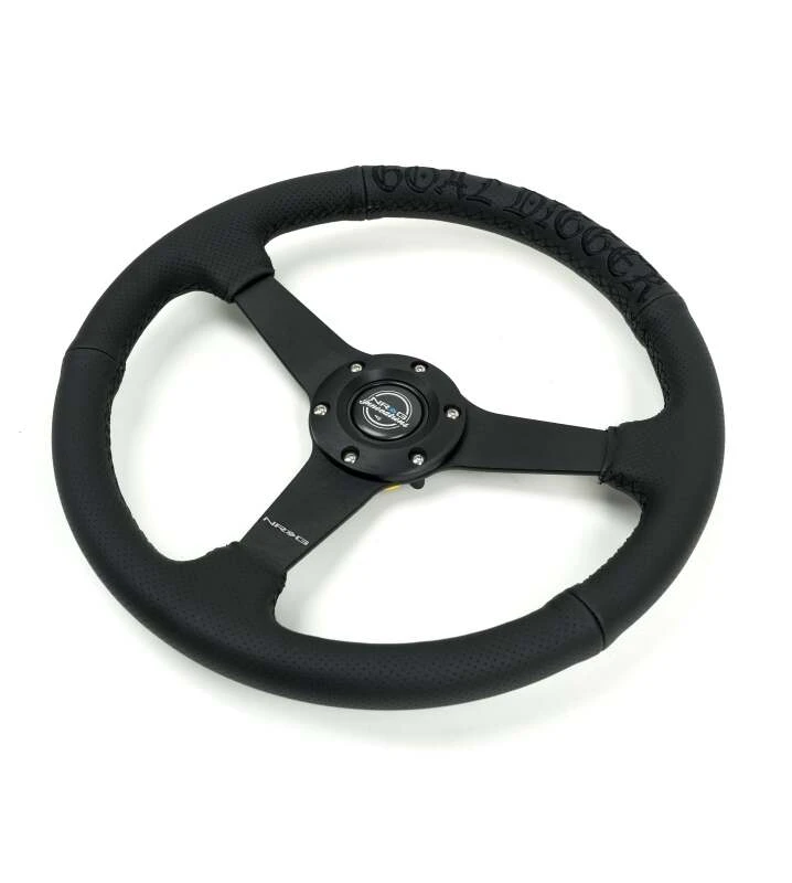 NRG Reinforced Black Perforated Leather Steering Wheel 350mm / 1.5in Deep w/ Goal Digger Blk Stitch