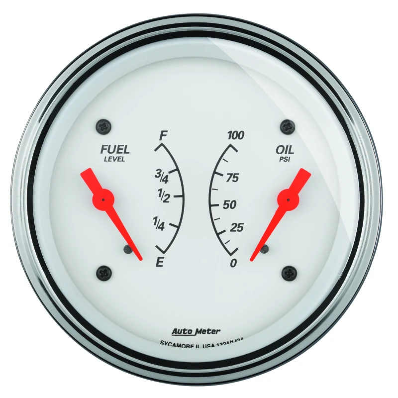 AutoMeter Gauge Dual Fuel & Oilp 3-3/8in. 0 Ohm(e) to 90 Ohm(f)& 100PSI Elec Arctic White