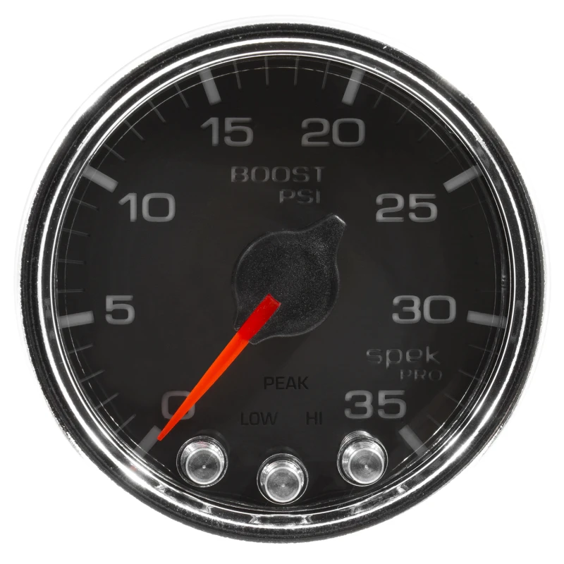 Autometer Spek-Pro-Boostmanometer 2 1/16 Zoll 35 psi Schrittmotor mit Peak- und Warnfunktion Schwarz/Chrom