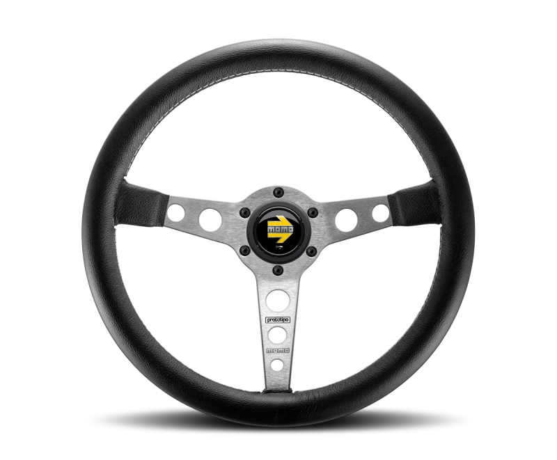 Momo Prototipo Steering Wheel 350 mm - Black Leather/Wht Stitch/Brshd Spokes