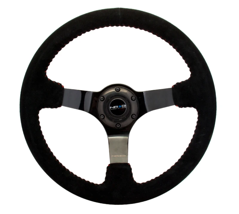 NRG Reinforced Steering Wheel (350mm / 3in. Deep) Black Suede with Red Baseball Stitch & Black 3-Spoke