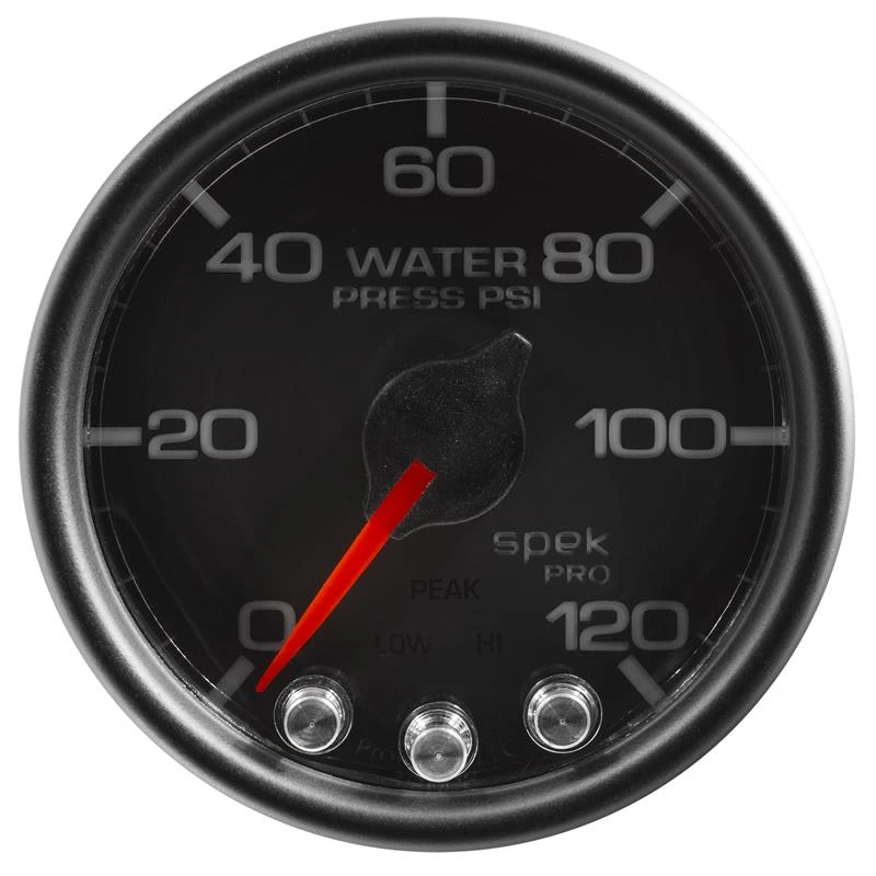 Autometer Spek-Pro Wasserdruckanzeige 2 1/16 Zoll 120 psi Schrittmotor mit Peak- und Warnfunktion Schwarz/Schwarz