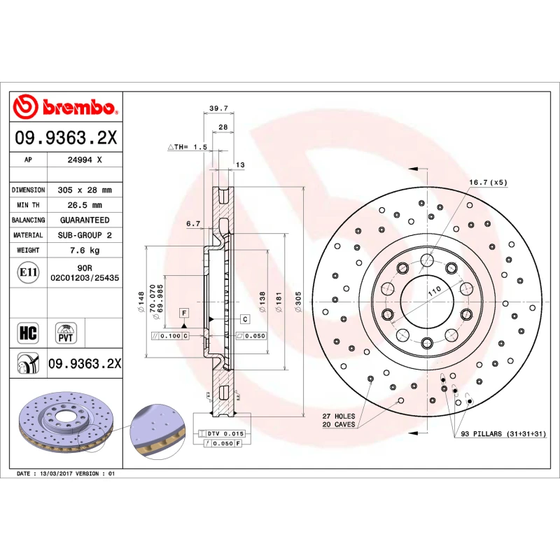 Brembo OE 16-17 Chrysler 200/13-16 Dodge Dart Reibungs-Bremsscheibe
