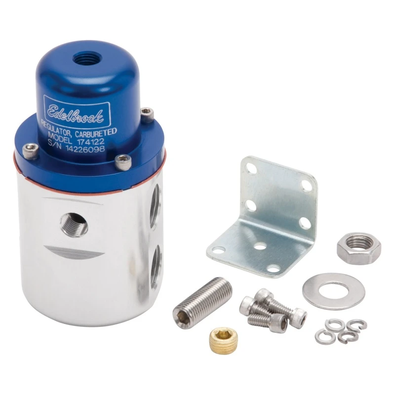 Edelbrock Kraftstoffdruckregler für Vergaser 160 GPH 5-10 PSI 3/8 Zoll Ein-/Ausgang Rücklauflos Blau/Klar