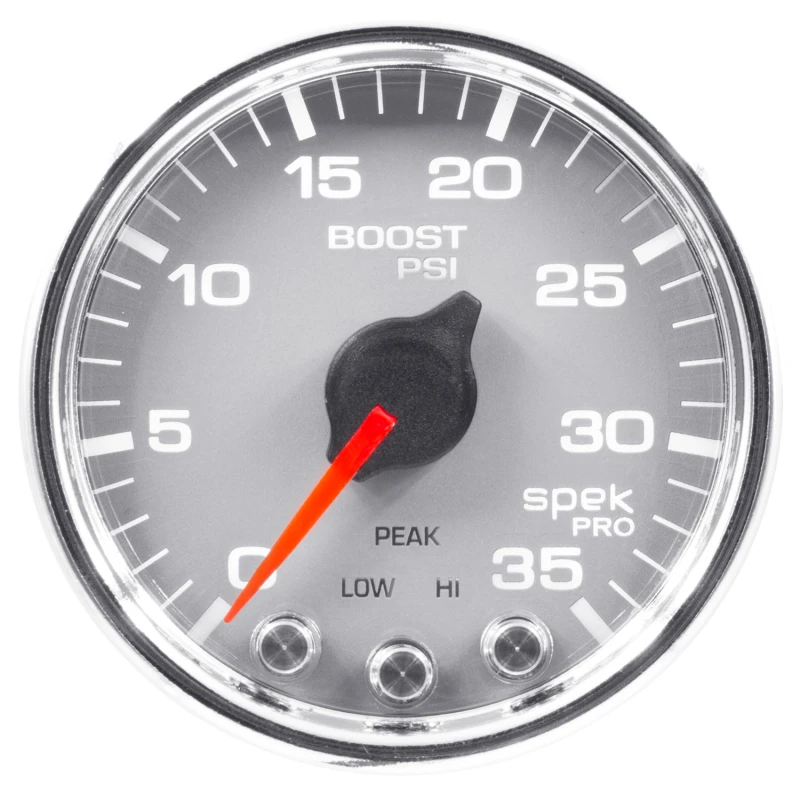 Autometer Spek-Pro-Boost-Anzeige 2 1/16 Zoll 35psi Schrittmotor mit Peak- und Warnfunktion Silber/Chrom
