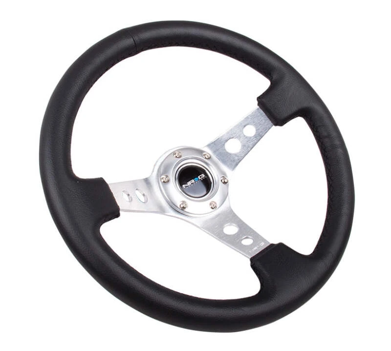 NRG Reinforced Steering Wheel (350mm/3in. Deep) White Leather w/Blk Spoke/Round Holes/White Stripes