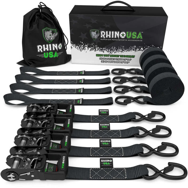 Rhino USA Heavy Duty Ratchet Tie-Down 4-Pack (Schwarz) 1,6 Zoll x 2,4 Meter