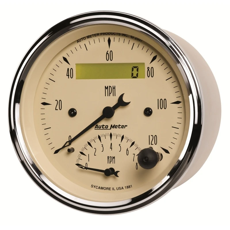 AutoMeter-Tacho/Geschwindigkeitsmesser 3-3/8 Zoll, 120 Meilen pro Stunde & 8.000 Umdrehungen pro Minute, elektronisch programmierbar, antikbeige