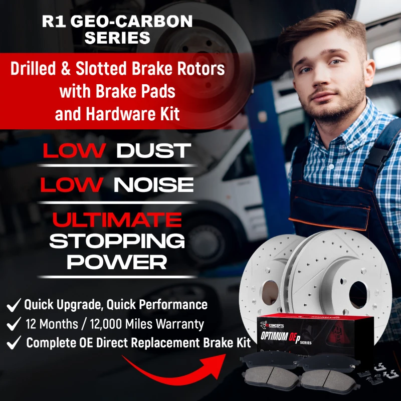 R1 13-19 Nissan Sentra Front Drill/Slot Carbon Coated Rotor Set w/Optimum Pads