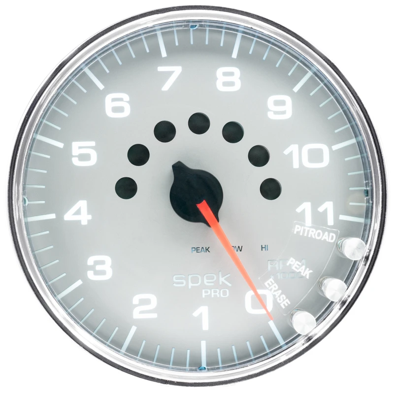 Autometer Spek-Pro Gauge Tachometer 5in 11K Rpm W/Shift Light & Peak Mem Silver/Chrome