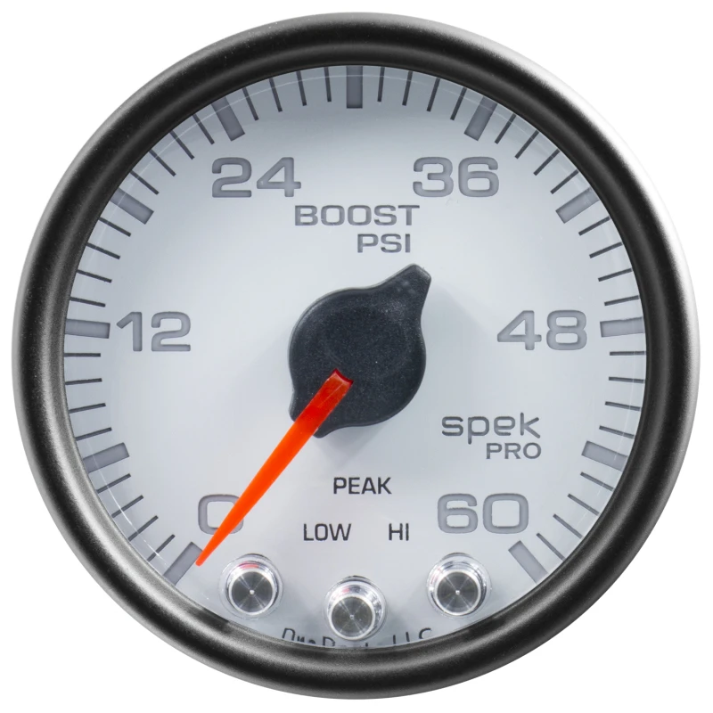 Autometer Spek-Pro Gauge Boost 2 1/16in 60psi Stepper Motor W/Peak & Warn Wht/Blk