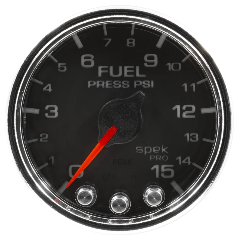 Autometer Spek-Pro Gauge Fuel Press 2 1/16in 15psi Stepper Motor W/Peak & Warn Blk/Chrm