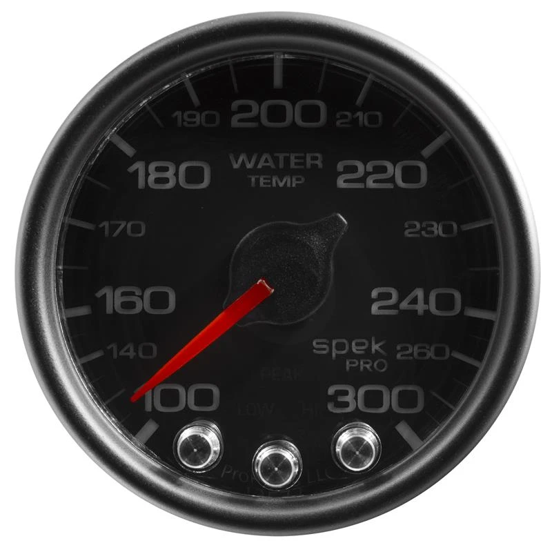 Autometer Spek-Pro Wasser-Temperaturanzeige 2 1/16 Zoll 300°F Schrittmotor mit Peak- und Warnfunktion Schwarz/Schwarz