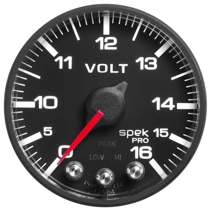 AutoMeter-Voltmeter 2-1/16 Zoll 16V Schrittmotor mit Peak- und Warnfunktion, Schwarz/Schwarz, Spek-Pro