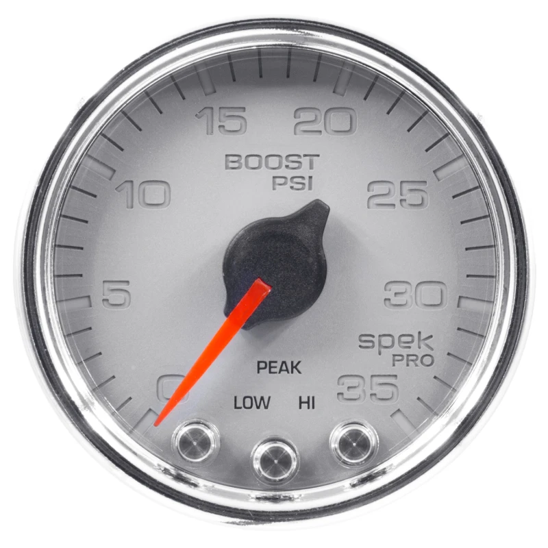 Autometer Spek-Pro-Boost-Anzeige 2 1/16 Zoll 35psi Schrittmotor mit Peak- und Warnfunktion Silber/Chrom