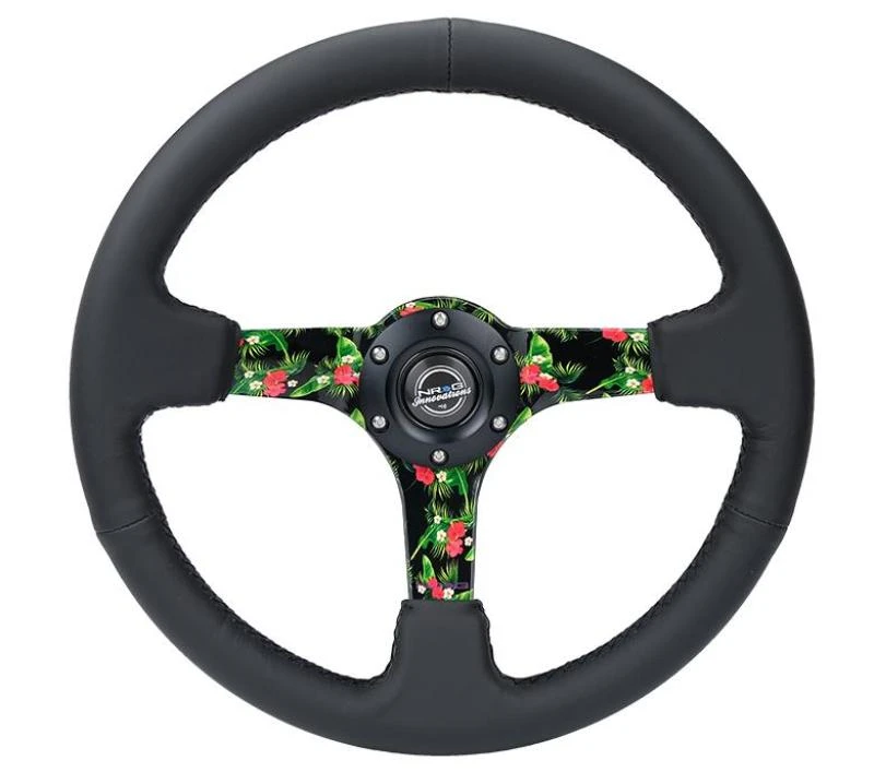 NRG Reinforced Steering Wheel (350mm/3in. Deep) Matte Black Spoke/Black Leather/Yellow Center