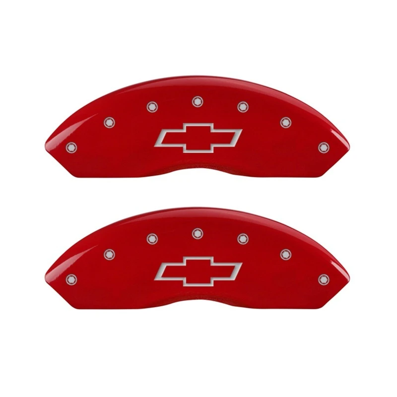 MGP Front-Set 2 Bremse Caliper-Abdeckungen Graviert Front Bowtie Rot Finish Silber