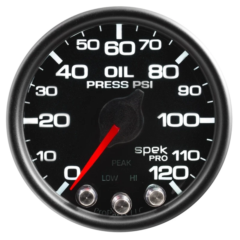 Autometer Spek-Pro Öl-Druck-Anzeige 2 1/16 Zoll 120psi Schrittmotor mit Peak- und Warnfunktion Schwarz/Schwarz