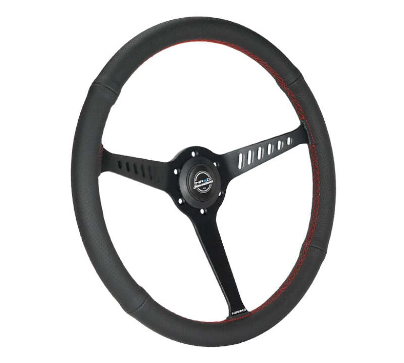 NRG Reinforced Stealth Wheel (380mm) 3 Spoke Center - 1in Deep Dish - Perforated Leather Red Stitch