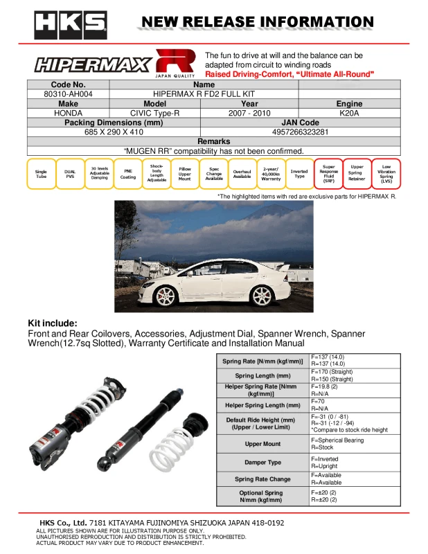HKS Hipermax R FD2 Full Kit