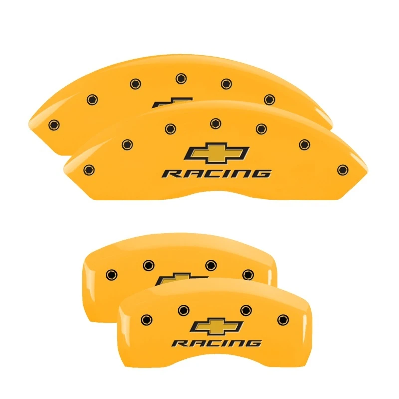 MGP 4 Bremse Caliper Abdeckungen Graviert Vorne & Hinten Chevy Racing Gelb Pulverbeschichtung Schwarze Zeichen