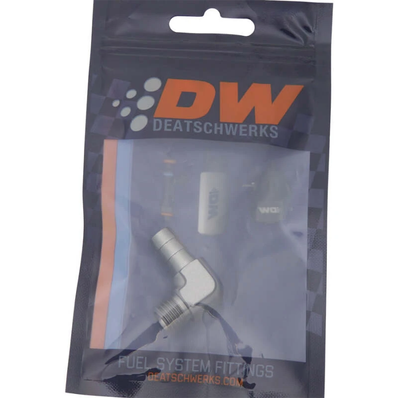 DeatschWerks Metrische M12 auf 3/8 Zoll Schlauchstutzen 90-Grad-Fitting mit Venturi-Port - eloxiertes DW-Titan