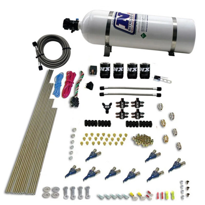 Nitrous Express 8 Cyl Piranha Direct Port 4 Solenoids Nitrous Kit (200-500HP EFI Jets) w/15lb Bottle
