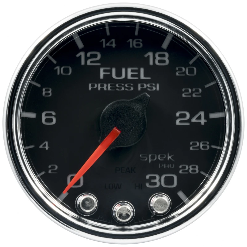 Autometer Spek-Pro Gauge Fuel Press 2 1/16in 30psi Stepper Motor W/Peak & Warn Blk/Chrm