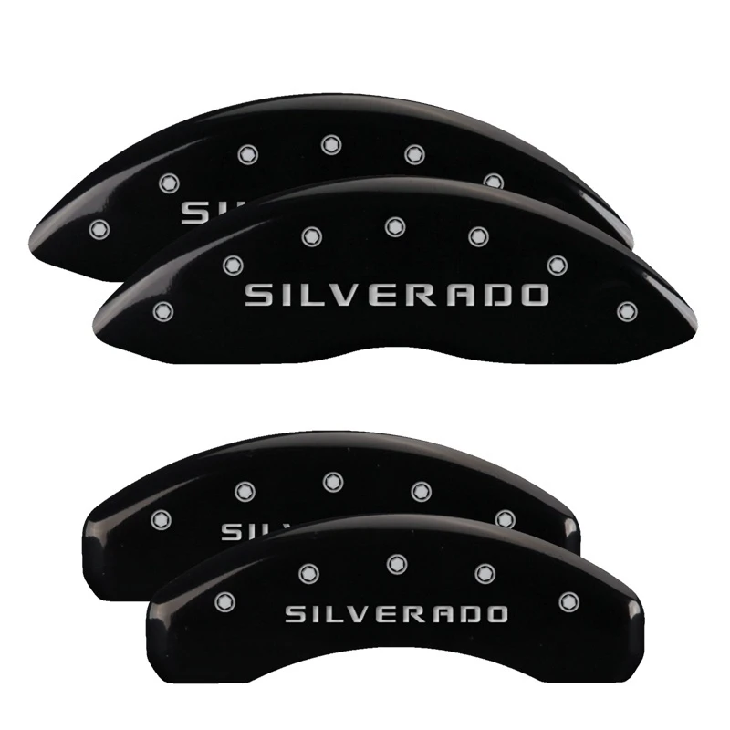 MGP 4 Bremssattel-Abdeckungen Graviert Vorne & Hinten Silverado Schwarz Finish Silber