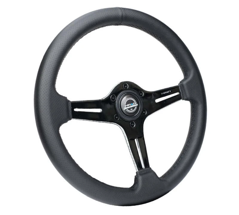 NRG Light Weight Gaming Steering Wheel - 350mm 3 Chrome Silver Spokes Perforated Leather