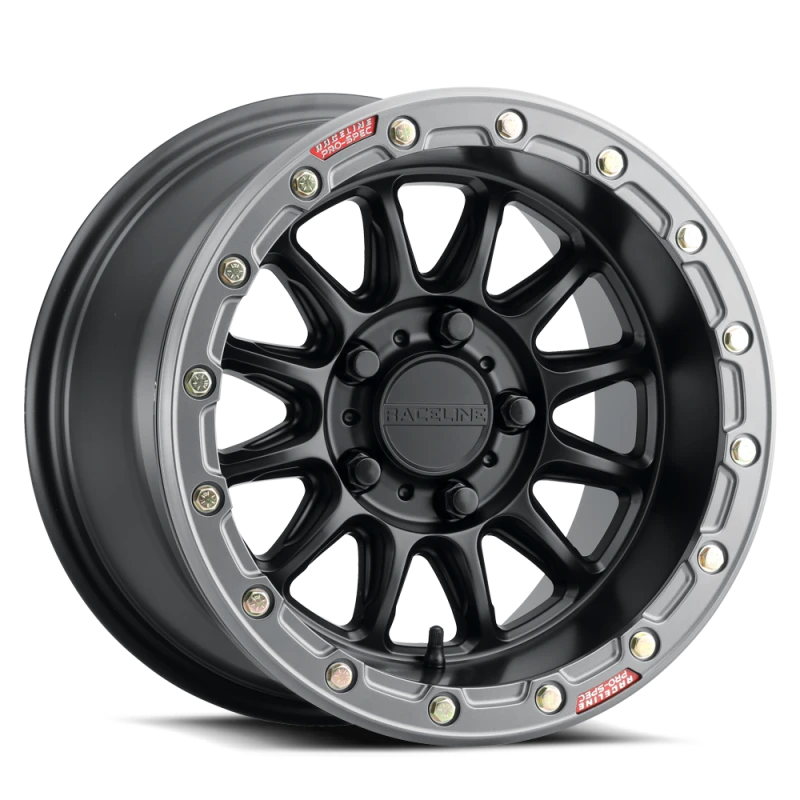 Raceline A14BG Alpha 15x6.5in/6x139.7 BP/74mm Offset/78.1mm Bore - Blk & Gunmetal Ring Beadlock Whl