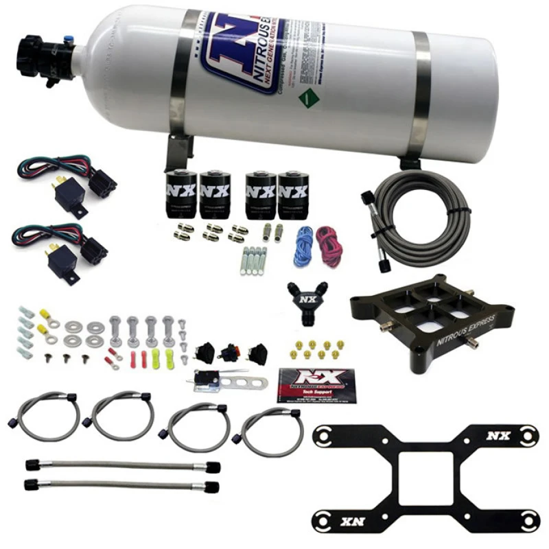 Nitrous Express Trockenes Quad-Stufen-Billet-Crossbar-Plattensystem 100-2000 PS (4150 Flansch) mit 15lb-Flasche