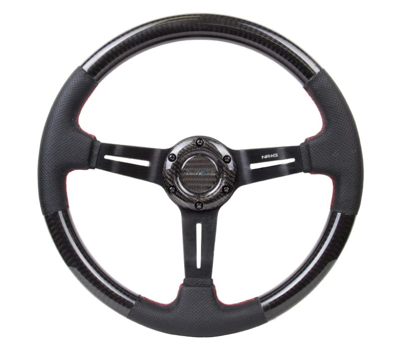 NRG Carbon Fiber Steering Wheel (350mm / 1.5in. Deep) Leather Trim w/Red Stitch & Slit Cutout Spokes