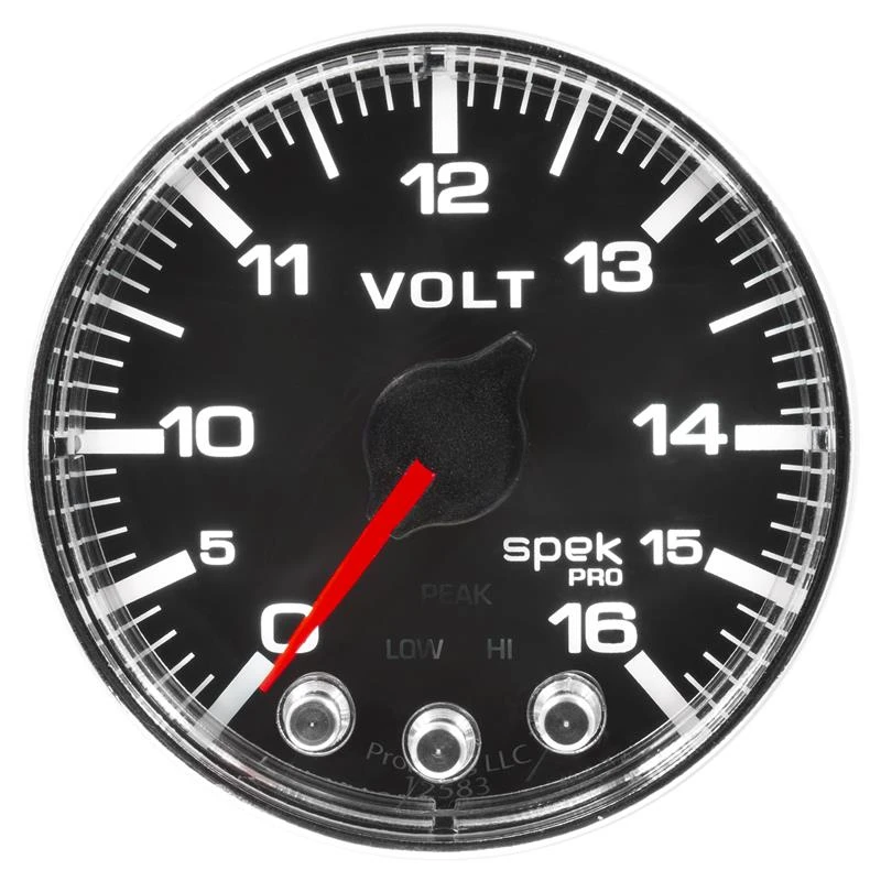 Autometer Spek-Pro-Gauge-Voltmeter 2 1/16 Zoll 16V Schrittmotor mit Peak- und Warnfunktion, Schwarz/Chrom