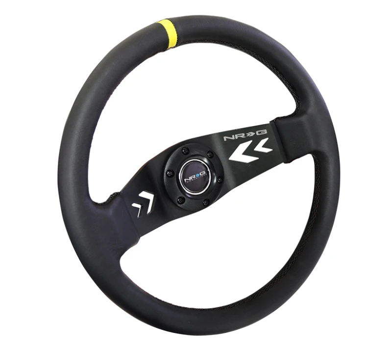 NRG Reinforced Steering Wheel (350mm / 3in Deep) Blk Leather w/ NRG Arrow-Cut 2-Spoke & Sgl Yellow CM