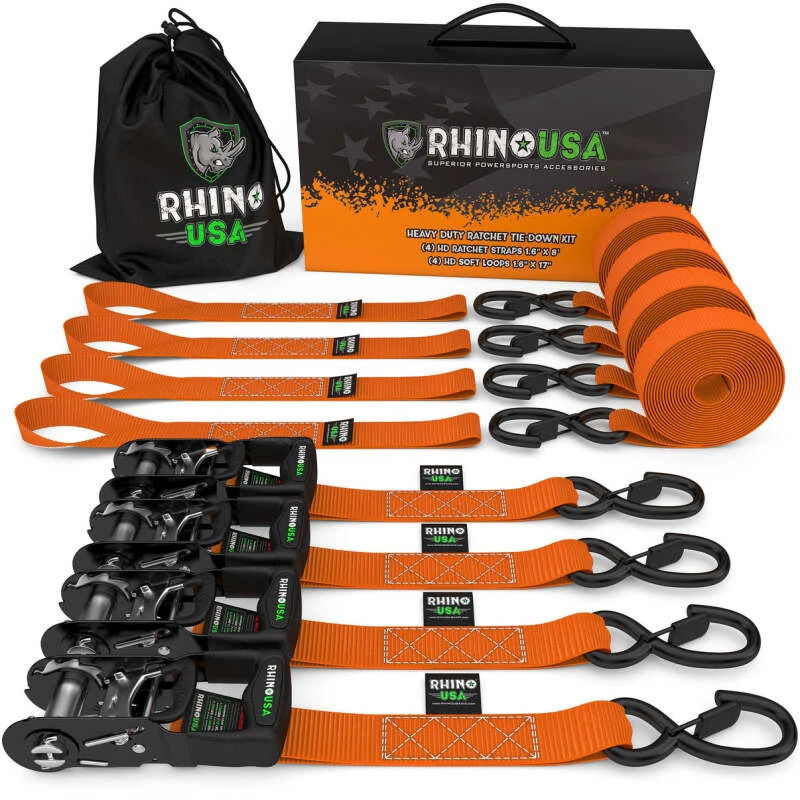 Rhino USA Heavy Duty Ratchet Tie-Down 4-Pack (Orange) 1.6In X 8Ft