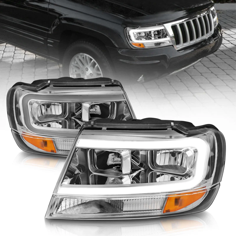 ANZO 1999-2004 Jeep Grand Cherokee Kristall-Scheinwerfer mit Lichtleiste Chrom-Gehäuse