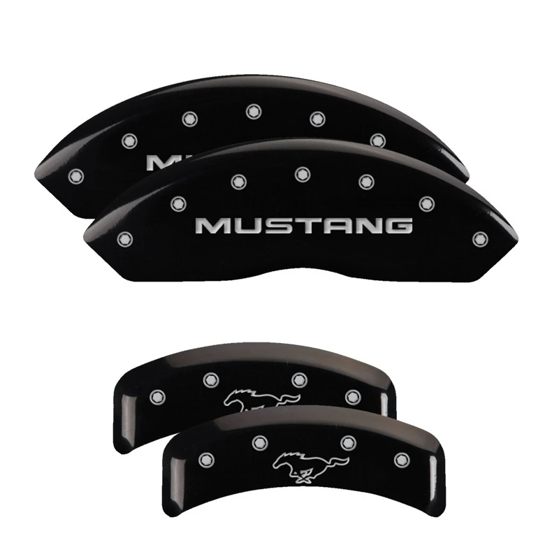 MGP 4 Bremse Caliper Abdeckungen Graviert Vorne Mustang Graviert Hinten Pony Schwarz Finish Silber Zeichen