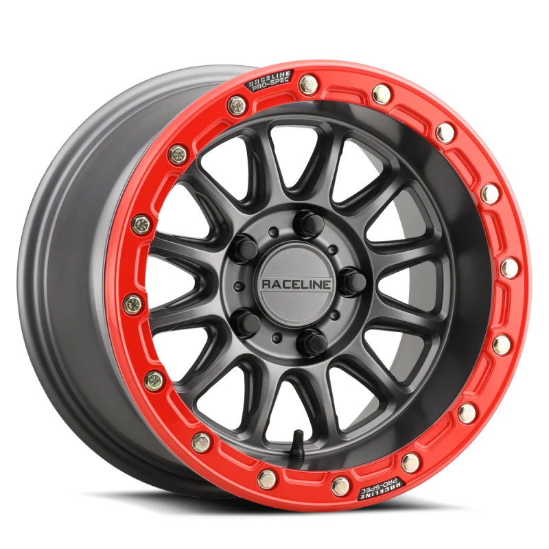 Raceline A14GR Alpha 15x7in/5x114.3 BP/25mm Offset/68mm Bore - Gunmetal & Red Ring Beadlock Wheel