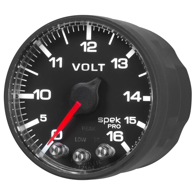 AutoMeter-Voltmeter 2-1/16 Zoll 16V Schrittmotor mit Peak- und Warnfunktion, Schwarz/Schwarz, Spek-Pro