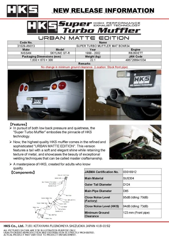 HKS Super Turbo Muffler Urban Matte Edition für Nissan Skyline GT-R GF-BNR34 RB26DETT