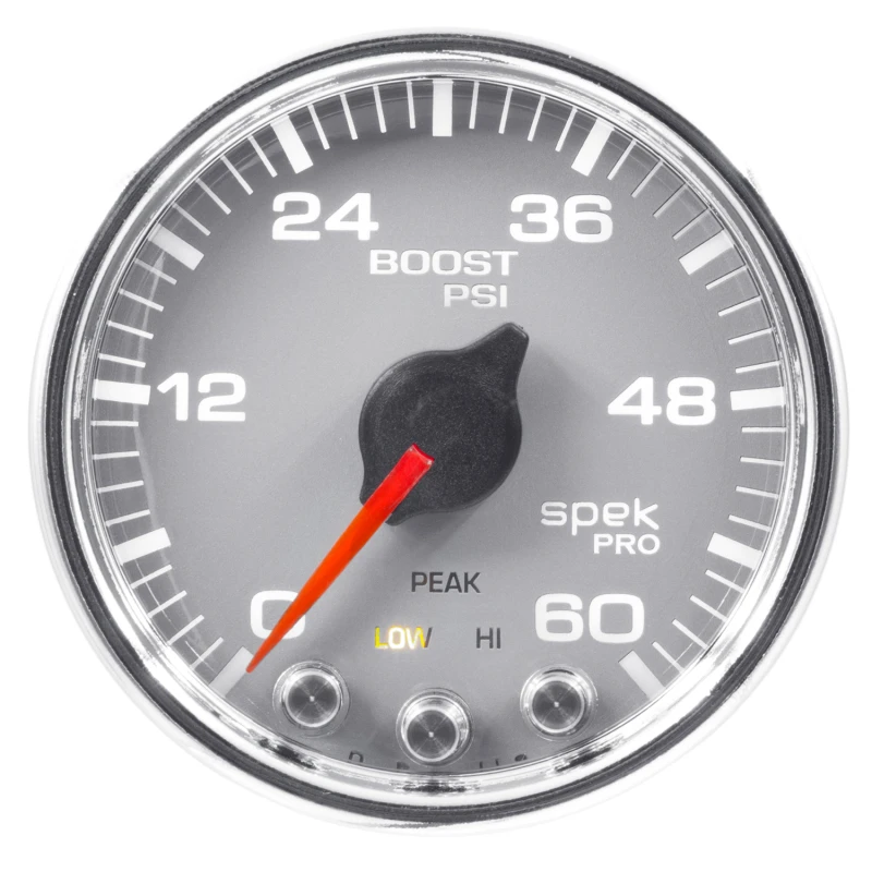 Autometer Spek-Pro Gauge Boost 2 1/16in 60psi Stepper Motor W/Peak & Warn Slvr/Chrm