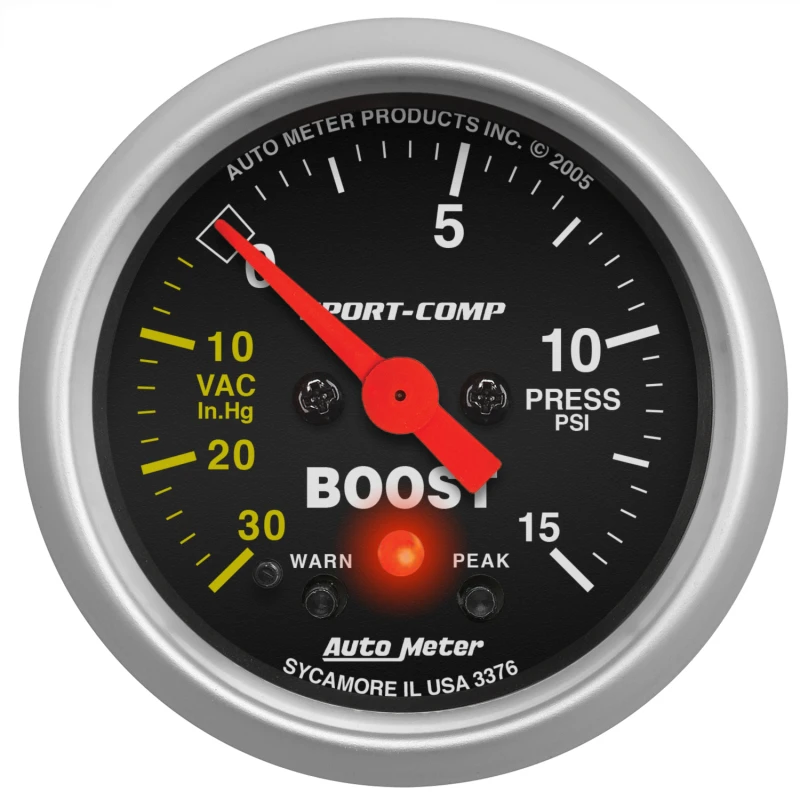 Autometer Sport-Comp 52mm Electronic  Full Sweep 30 In Hg.-Vac./15 PSI Boost Gauge