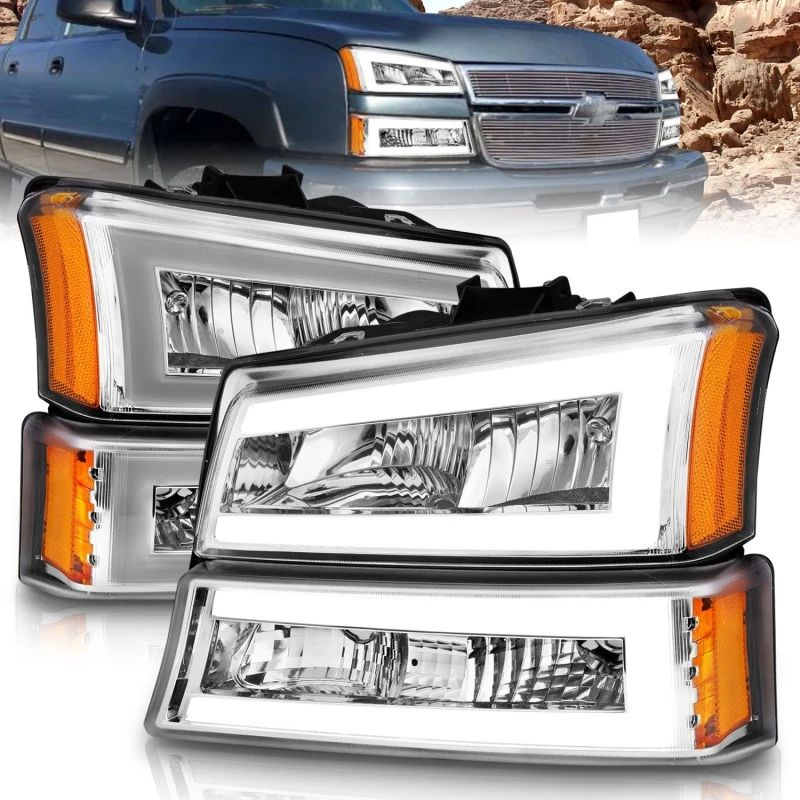 ANZO 2003-2006 Chevrolet Silverado 1500 Kristall-Scheinwerfer mit Lichtleiste Chrome-Gehäuse