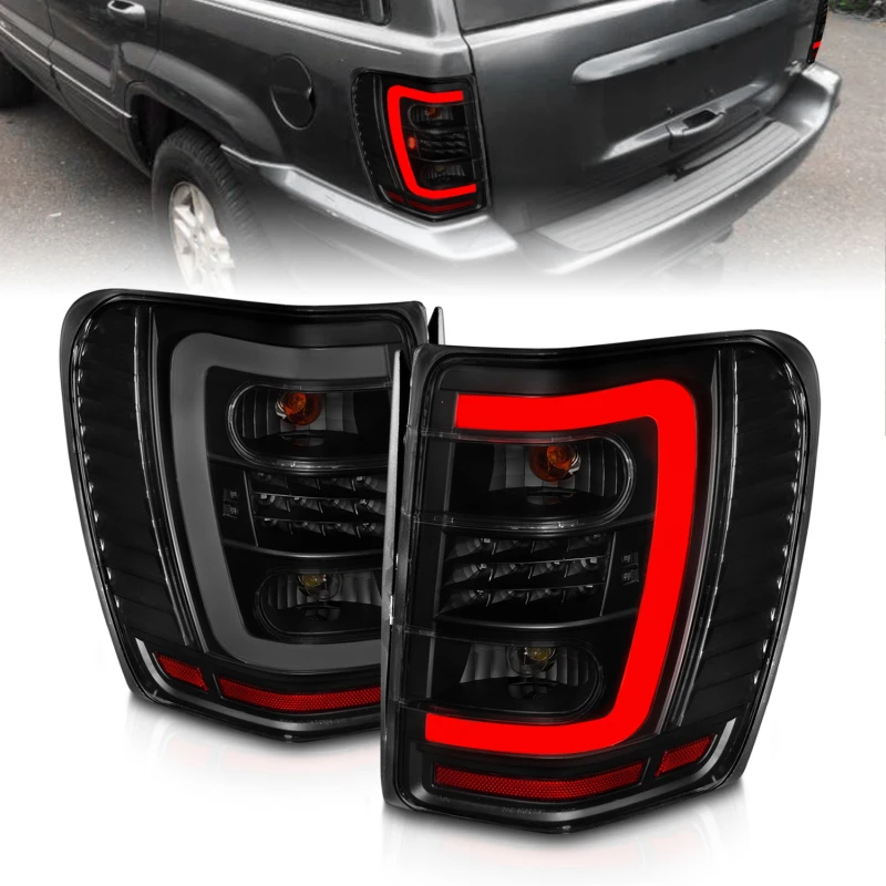 ANZO 1999-2004 Jeep Grand Cherokee LED-Rückleuchten mit Lichtleiste, schwarzes Gehäuse, Rauchglas