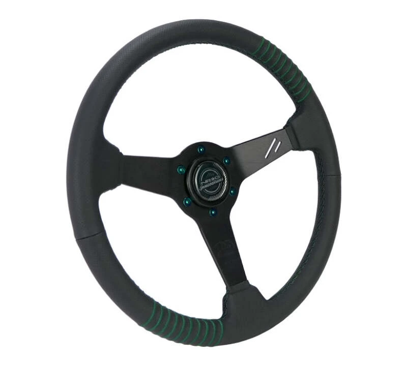 NRG Steering Wheel 1.5in Dish 350mm Black Perforated Leather - Emerald Stitching - Reinforced Spoke
