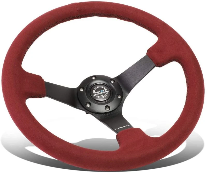 NRG Reinforced Steering Wheel (350mm/3in. Deep) Black Spoke/Burgundy Alcantara w/ Black Stitch