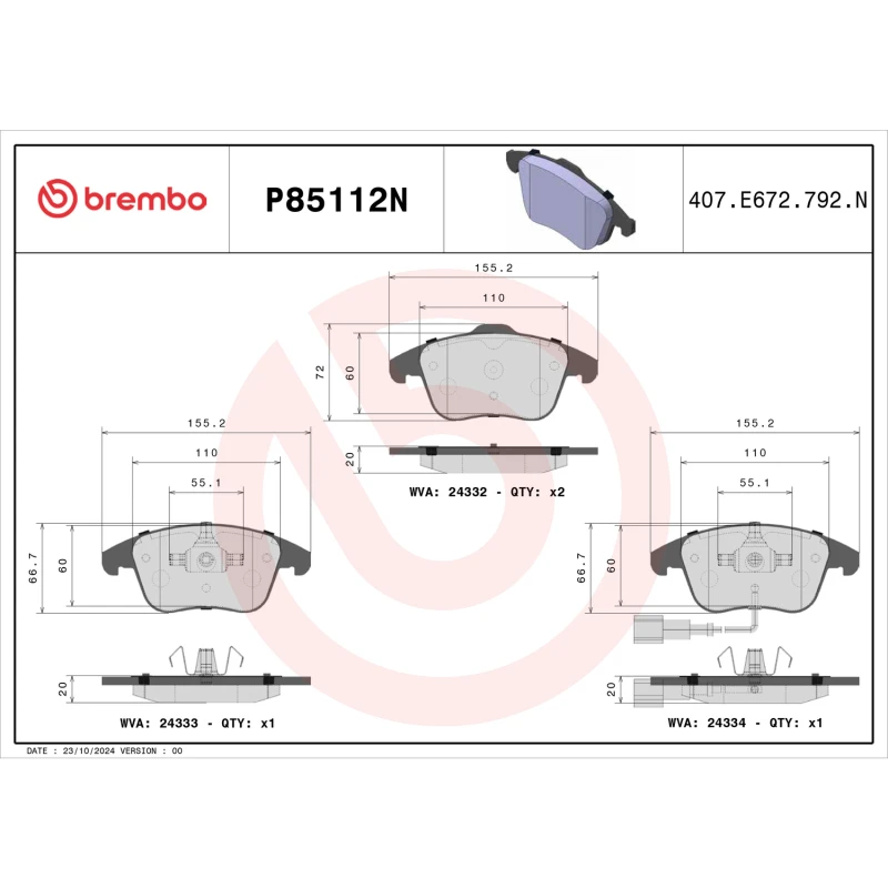 Brembo 2015 Volkswagen Tiguan/CC/Passat/ Audi Q3 Quattro Hinterer NAO Bremsbelag